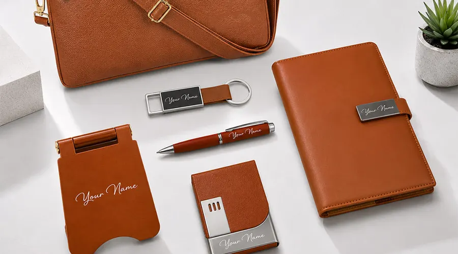 A tan leather corporate welcome kit: laptop bag, diary, pen and accessories